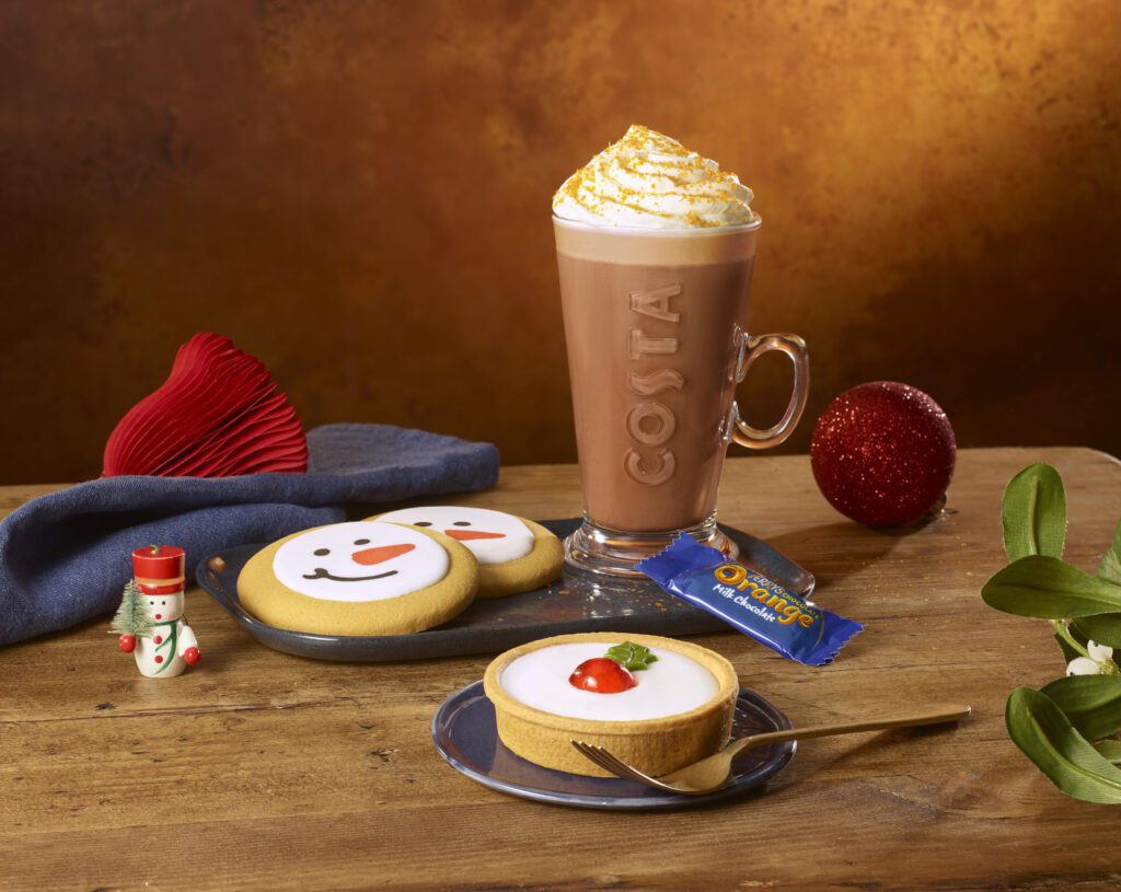 Costa Festive Bakewell Tart, Snowman Biscuit & Terrys Hot Chocolate