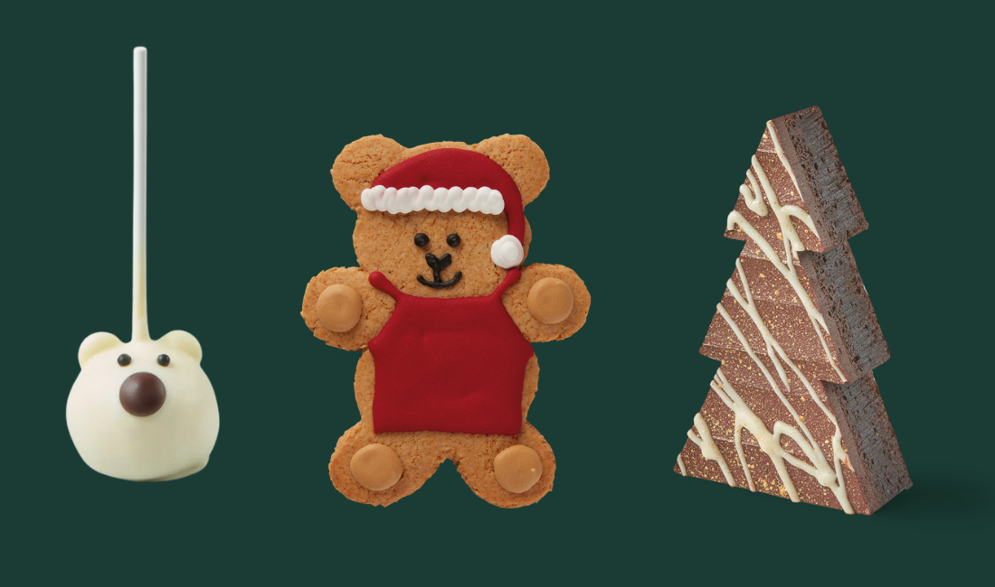 Starbucks Polar Bear Cake pop, Santa Starbucks® Bearista & Christmas Tree Brownie
