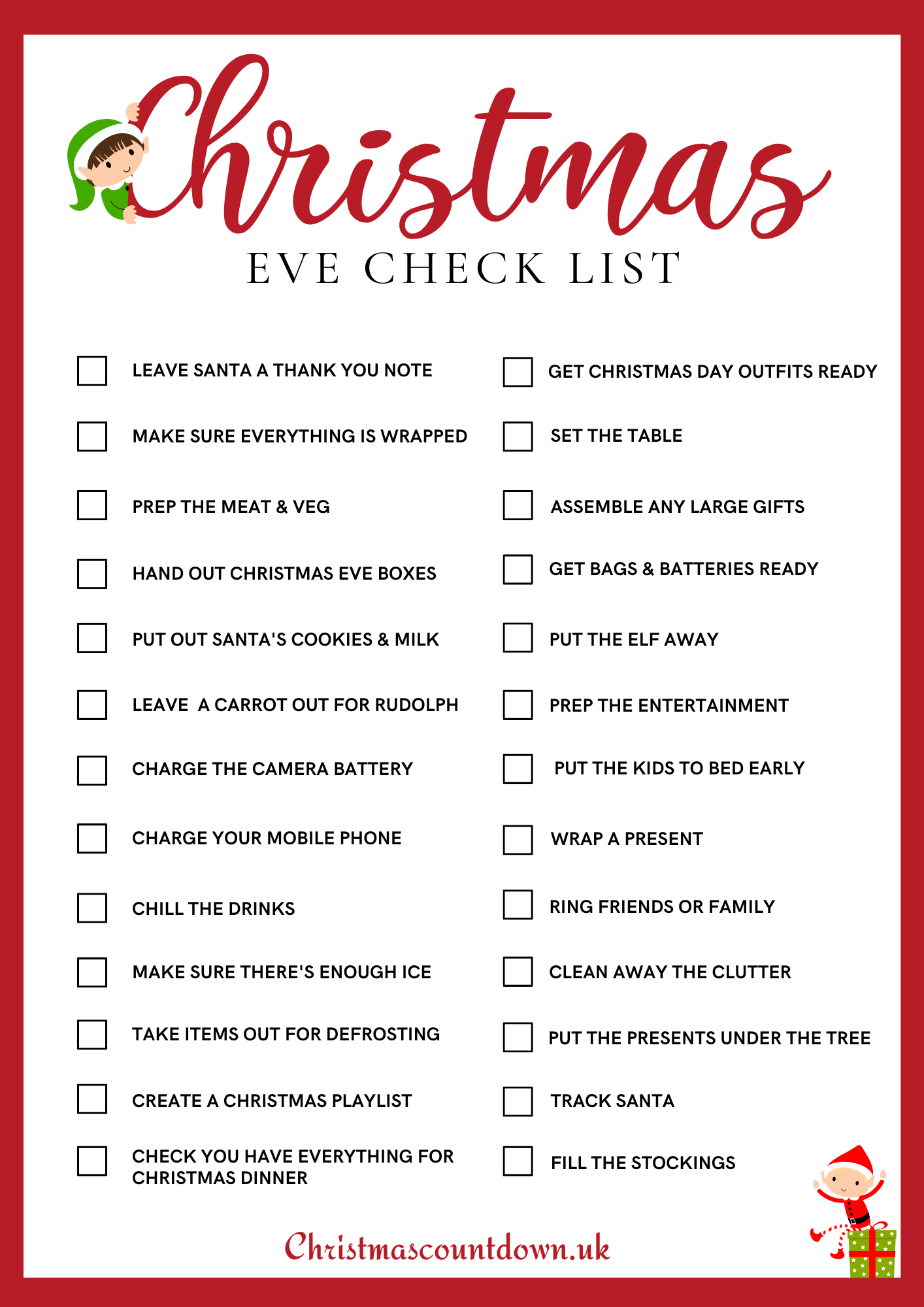 Christmas Eve Checklist Free Printable