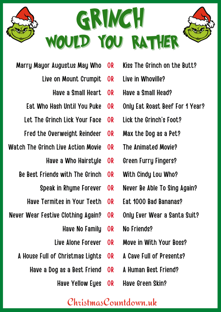 Grinch 'Would You Rather' Questions + Free Printable 2024