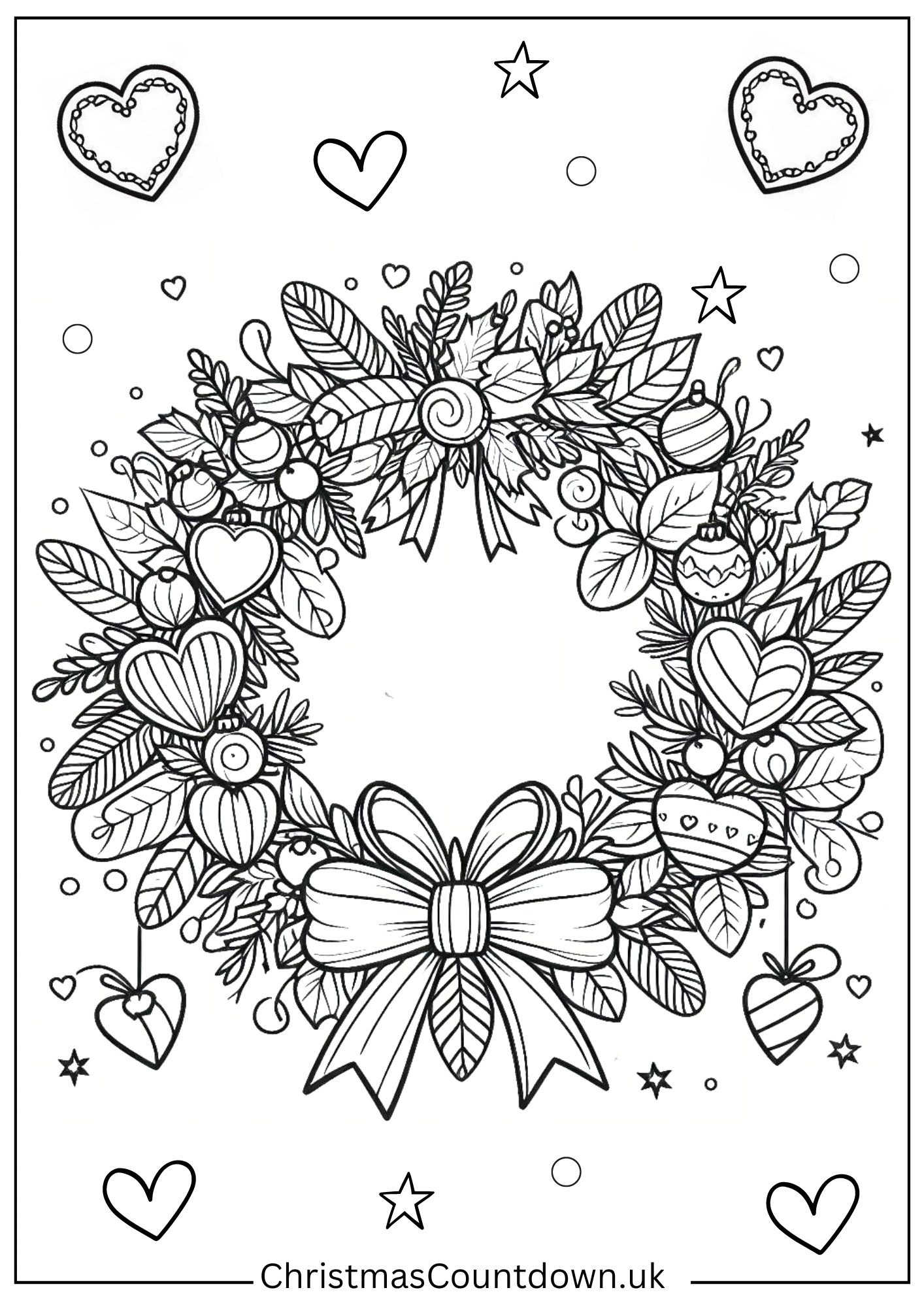 hearts-mandala-christmas-wreath-colouring-page Hearts Mandala Style wreath colouring sheet