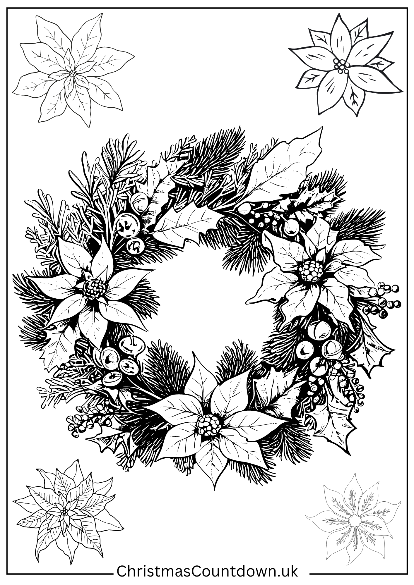 poinsettia-wreath-colouring-page poinsettia CHRISTMAS WREATH Colouring Page