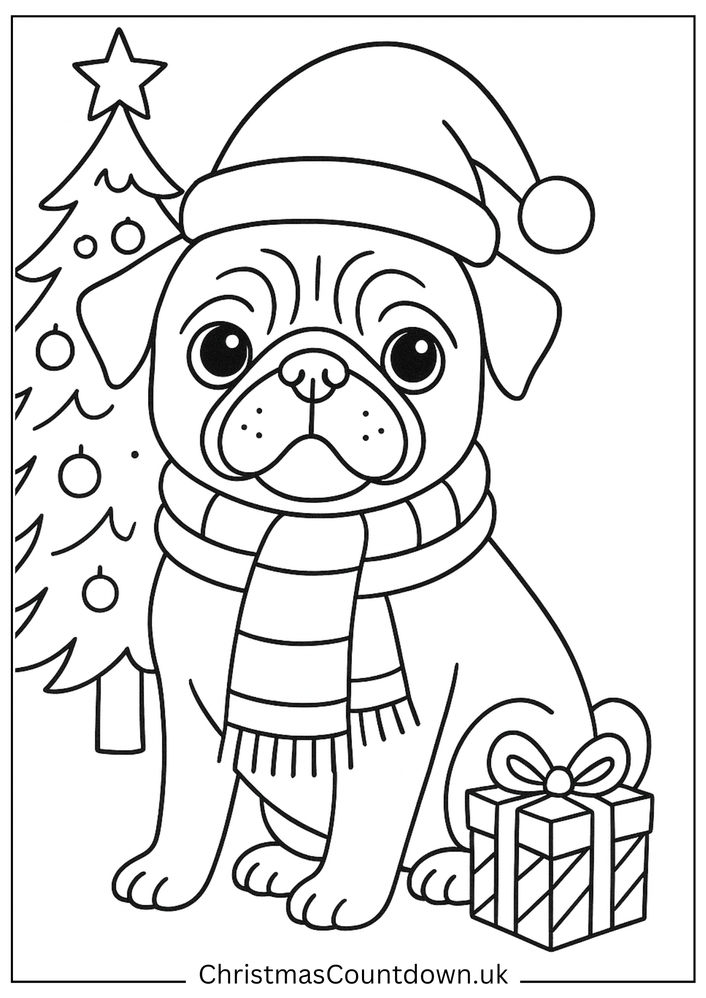 Pug Dog christmas colouring sheet