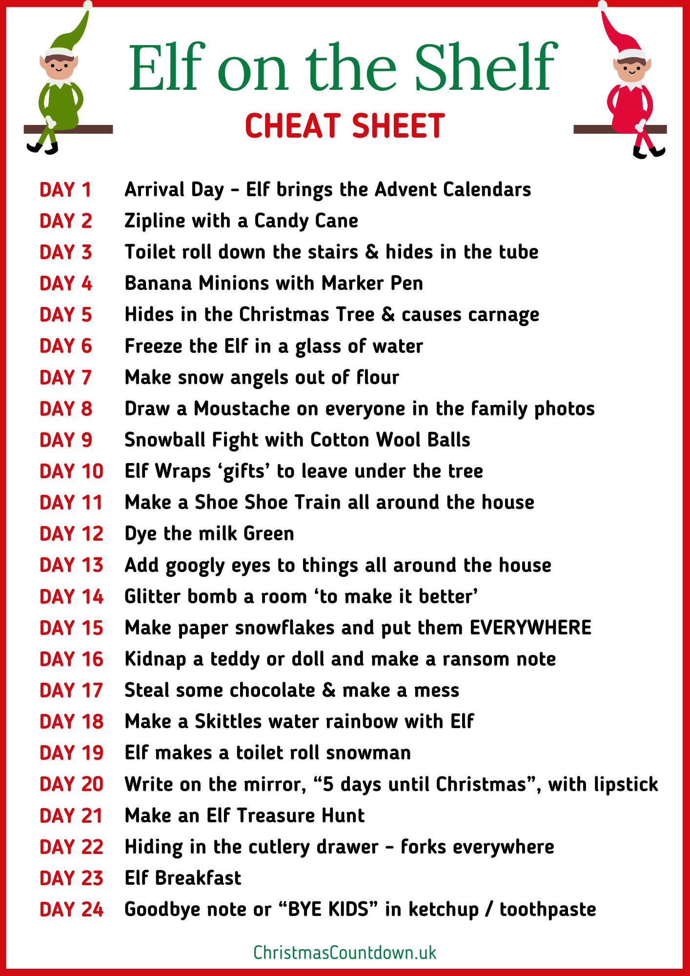 Elf on the Shelf Cheat Sheet